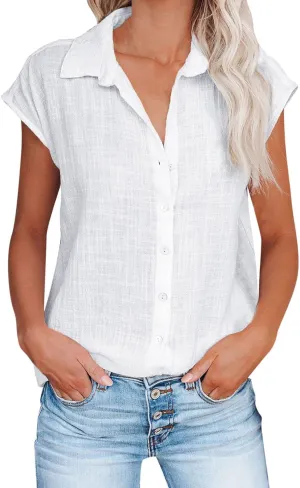 Linen Tops for Women Summer Button Down Shirts 2025 Trendy Work Shirt Tees Casual Short Sleeve Loose T-Shirts