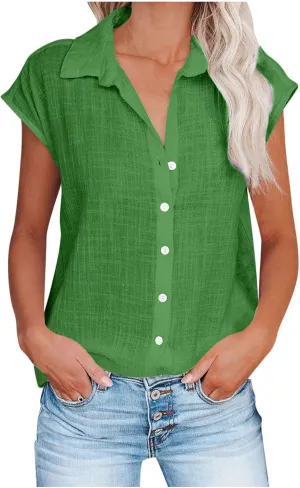 Linen Tops for Women Summer Button Down Shirts 2025 Trendy Work Shirt Tees Casual Short Sleeve Loose T-Shirts