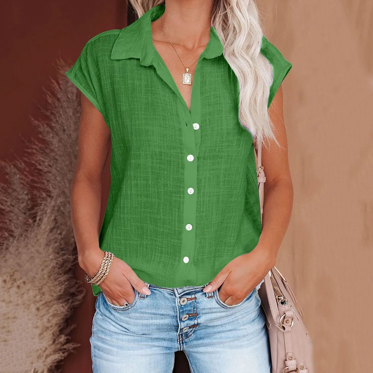 Linen Tops for Women Summer Button Down Shirts 2025 Trendy Work Shirt Tees Casual Short Sleeve Loose T-Shirts