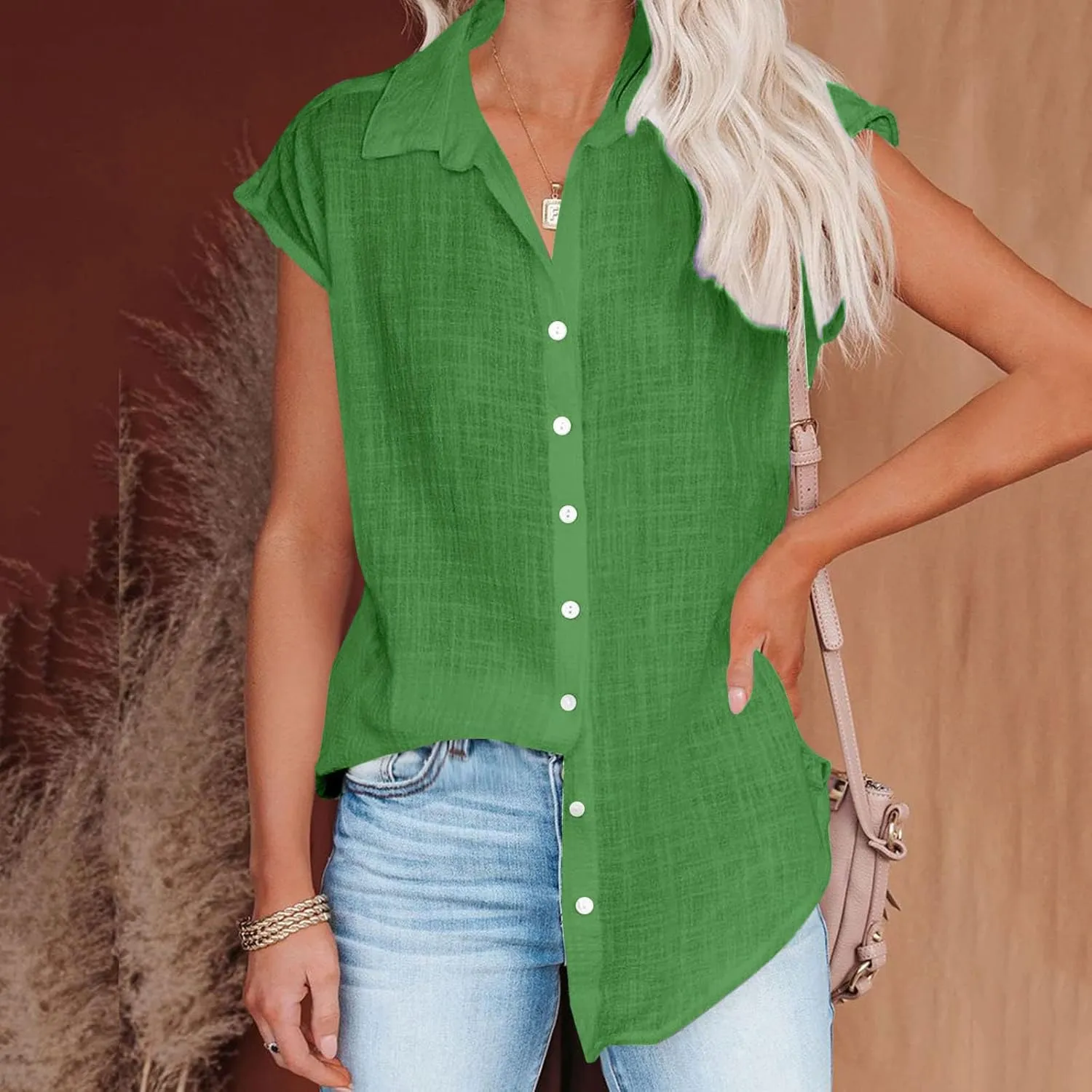 Linen Tops for Women Summer Button Down Shirts 2025 Trendy Work Shirt Tees Casual Short Sleeve Loose T-Shirts
