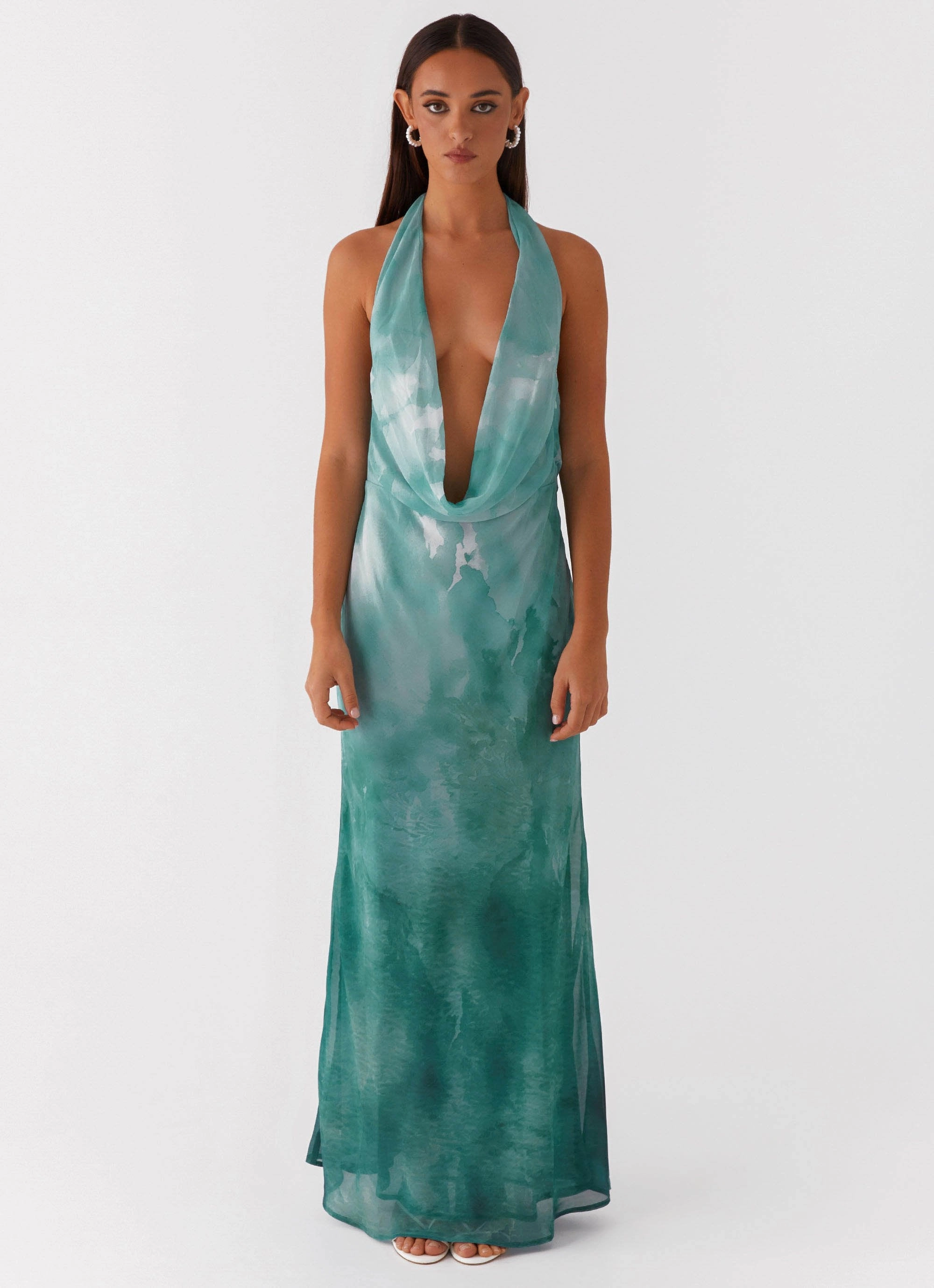 Nerissa Cowl Neck Maxi Dress - Green Tie Dye Grace Flow Quick Glam