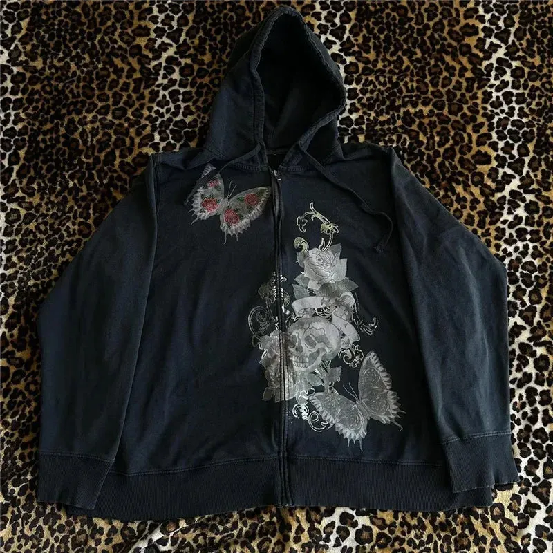 LIZAKOSHT  -   Women's Fall Grunge Hoodies Sweatshirts Skull Floral Print Long Sleeve Hood Jacket Zip Up Loose Coat Y2K Aesthetic Streetwear