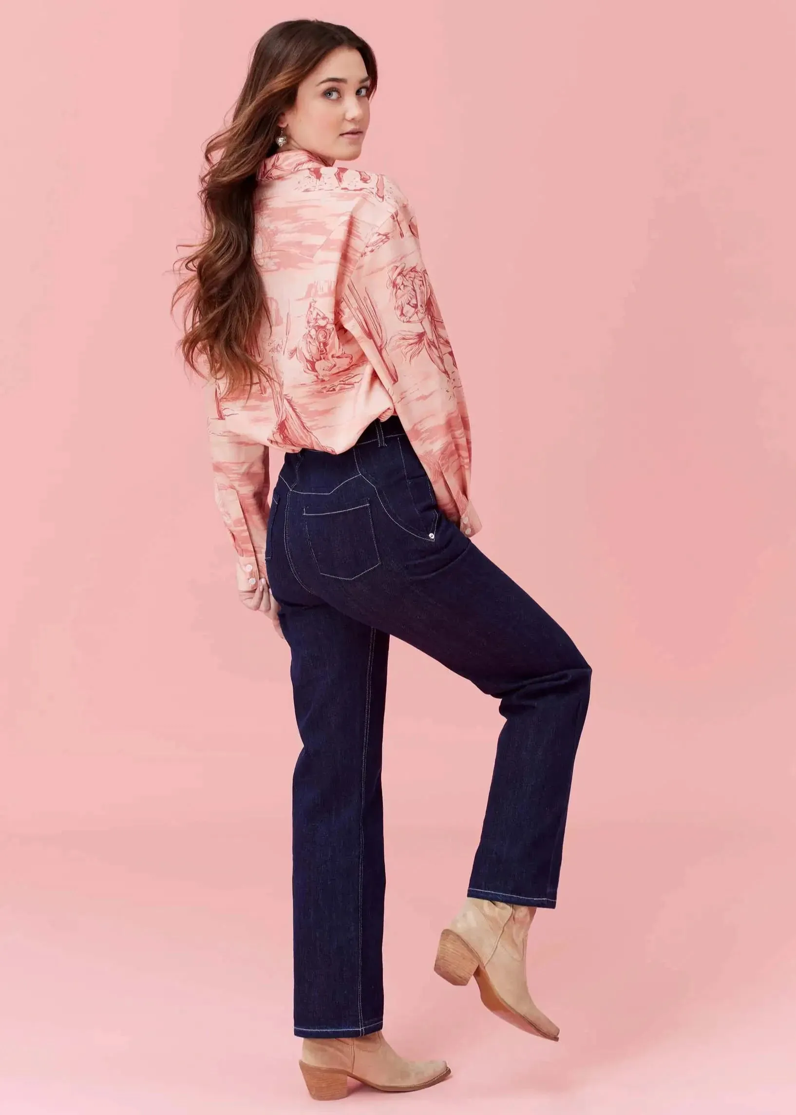 Lockhart Pant | Western Dark-Navy Denim Jeans with High-waist and Straight Leg, Denim on Denim Jacket and Pant set