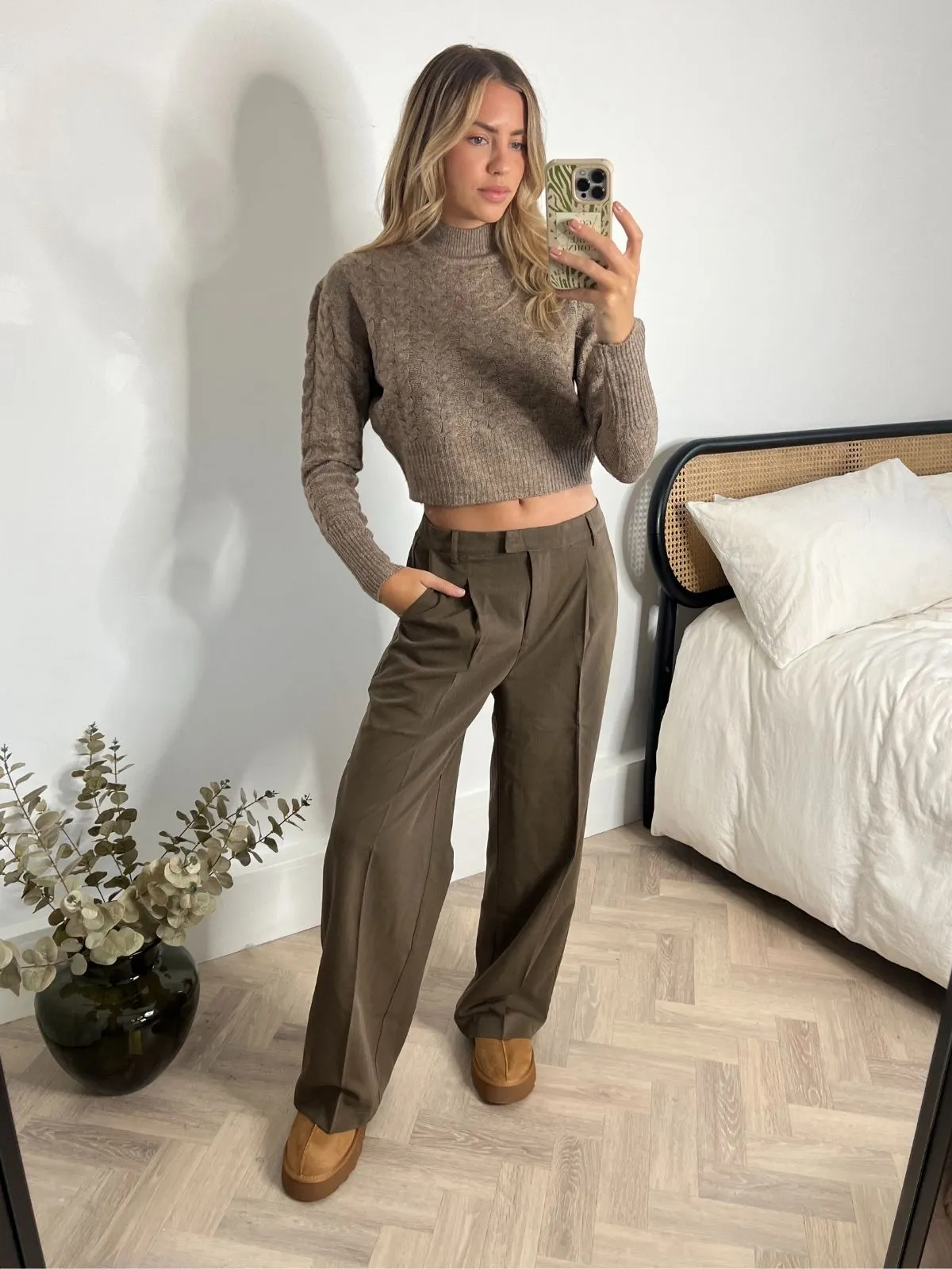 Stretch Ribbing Cozy Finish Lola Cable Knit High Neck Jumper / Brown