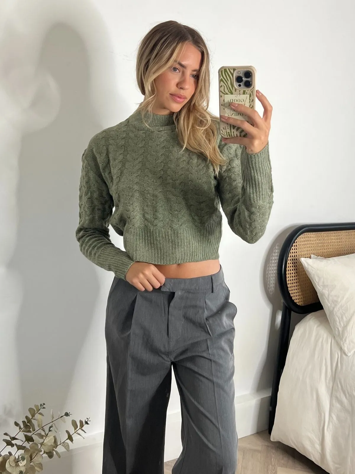 Simple Aesthetic Lola Cable Knit High Neck Jumper / Khaki