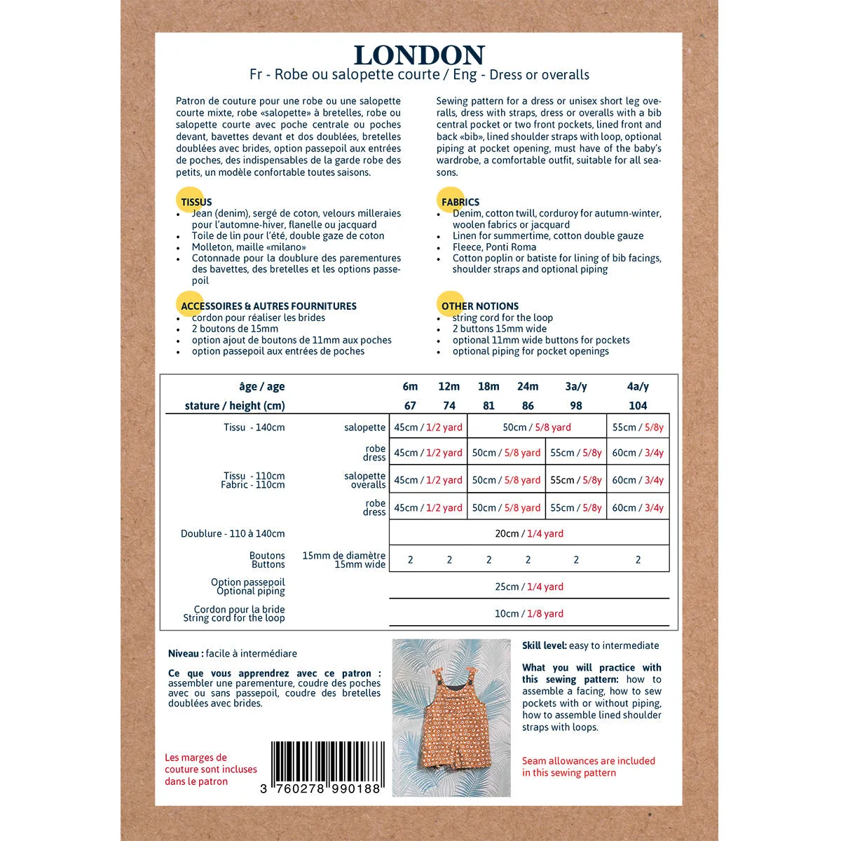 LONDON Dress & Short Overalls - Girl 6-4Y - Paper Sewing Pattern