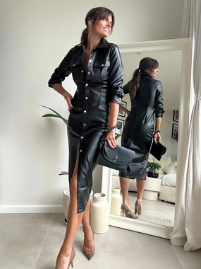 London PU Belted Midi Dress in Black Smooth Shape