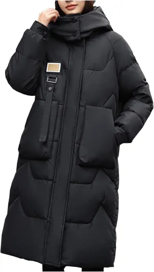 Long Puffer Jacket for Women, 2024 Thickened Winter Hooded Coat with Pockets, Ladies Warm Padded Down Jackets Outerwear