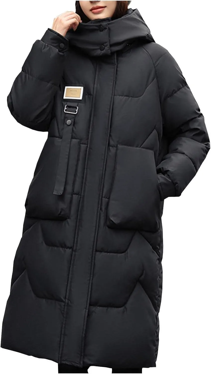 Long Puffer Jacket for Women, 2024 Thickened Winter Hooded Coat with Pockets, Ladies Warm Padded Down Jackets Outerwear