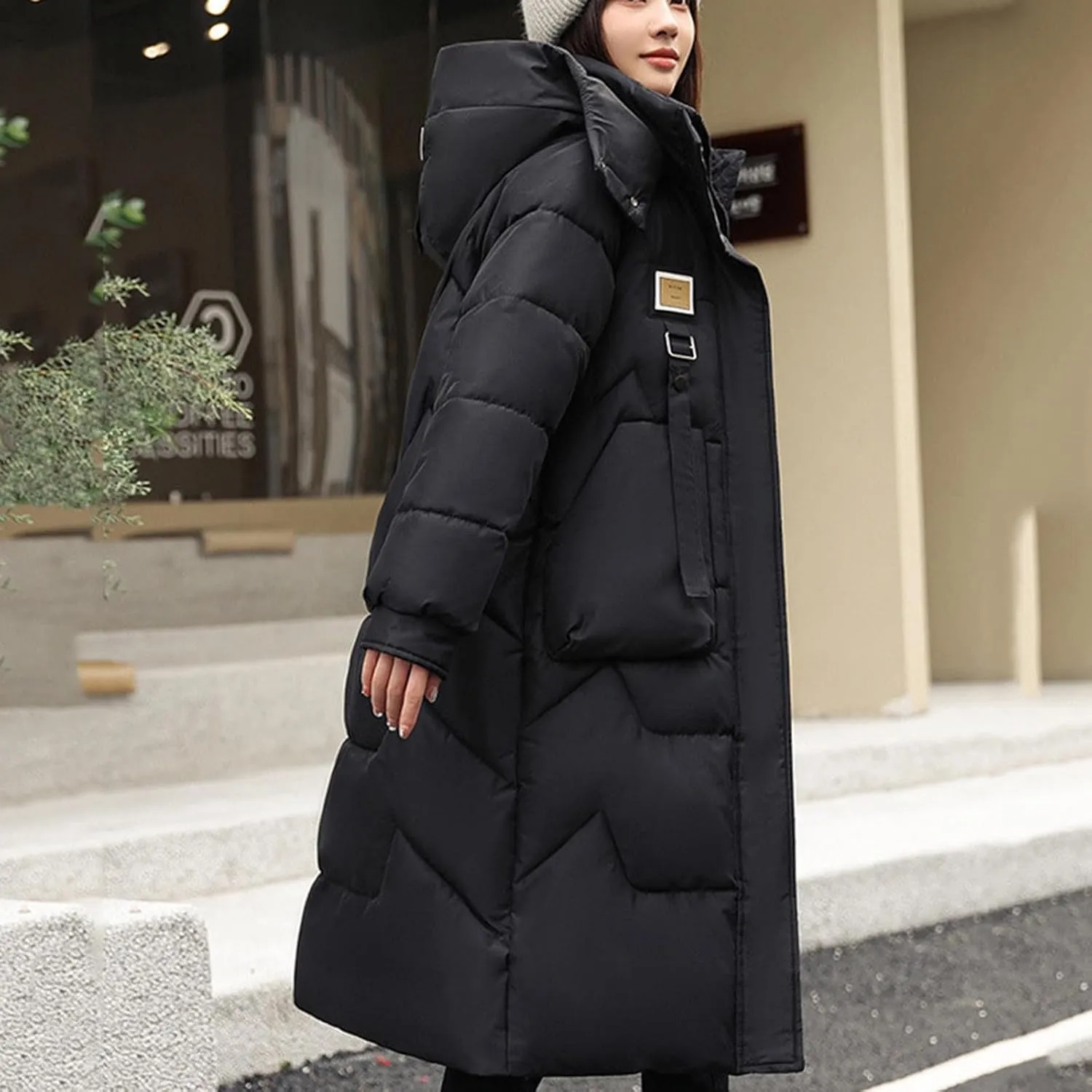 Long Puffer Jacket for Women, 2024 Thickened Winter Hooded Coat with Pockets, Ladies Warm Padded Down Jackets Outerwear