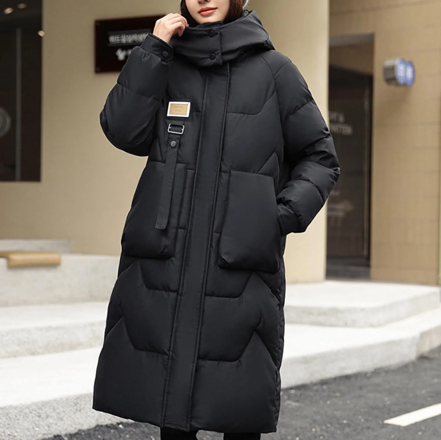 Long Puffer Jacket for Women, 2024 Thickened Winter Hooded Coat with Pockets, Ladies Warm Padded Down Jackets Outerwear