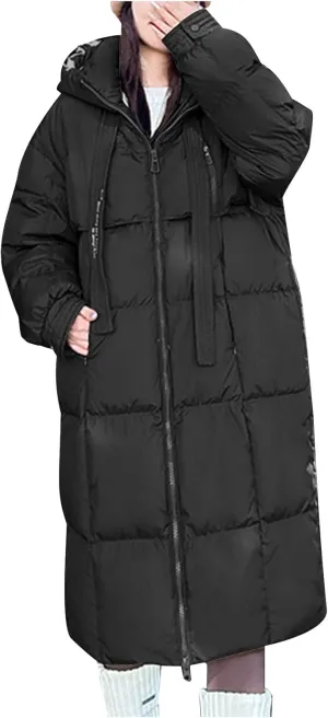 Long Winter Down Coats for Women Warm Zip Up Hooded Puffer Jacket Lightweight Quilted Jackets Outerwear with Pockets