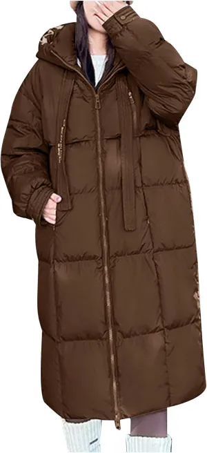 Long Winter Down Coats for Women Warm Zip Up Hooded Puffer Jacket Lightweight Quilted Jackets Outerwear with Pockets