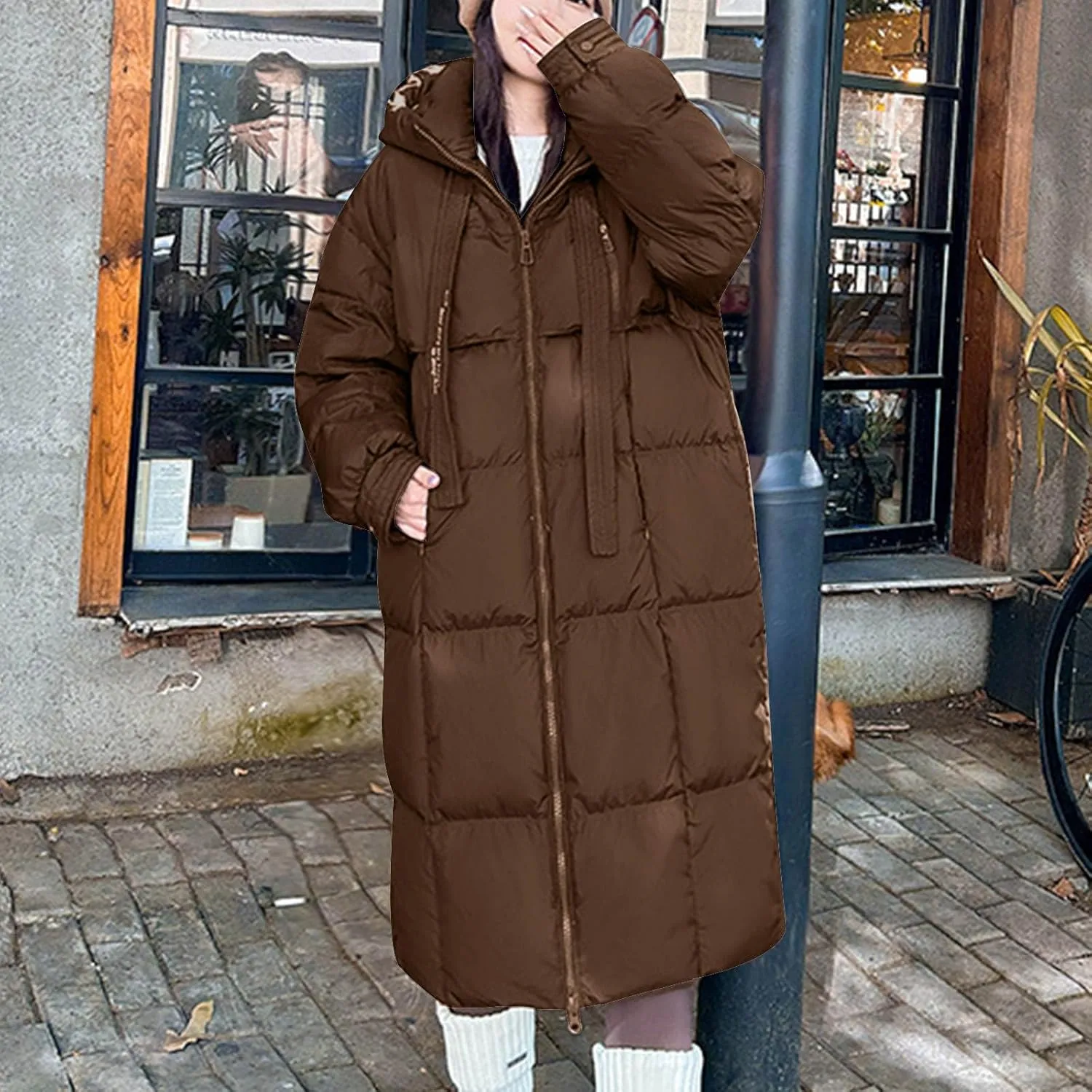 Long Winter Down Coats for Women Warm Zip Up Hooded Puffer Jacket Lightweight Quilted Jackets Outerwear with Pockets