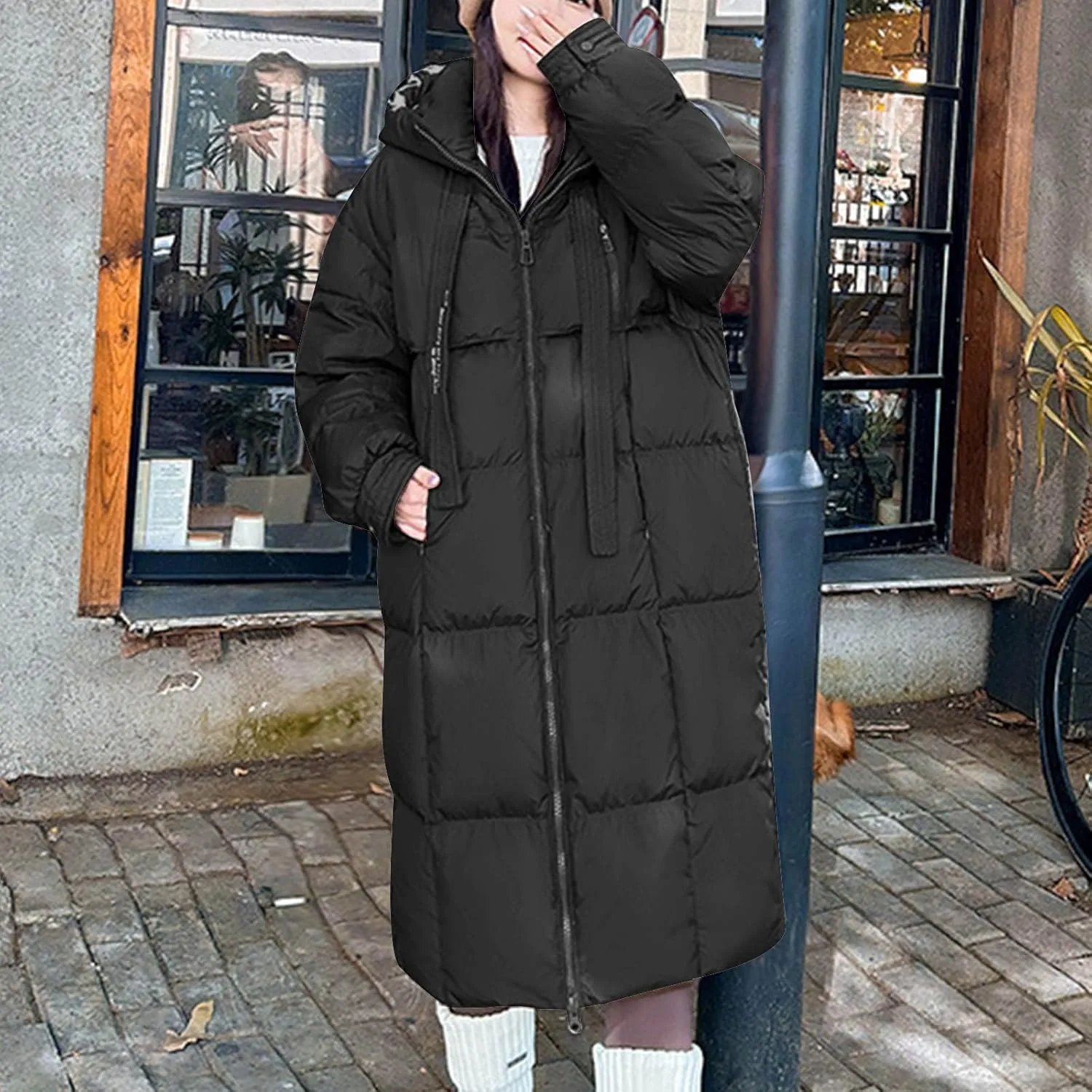 Long Winter Down Coats for Women Warm Zip Up Hooded Puffer Jacket Lightweight Quilted Jackets Outerwear with Pockets