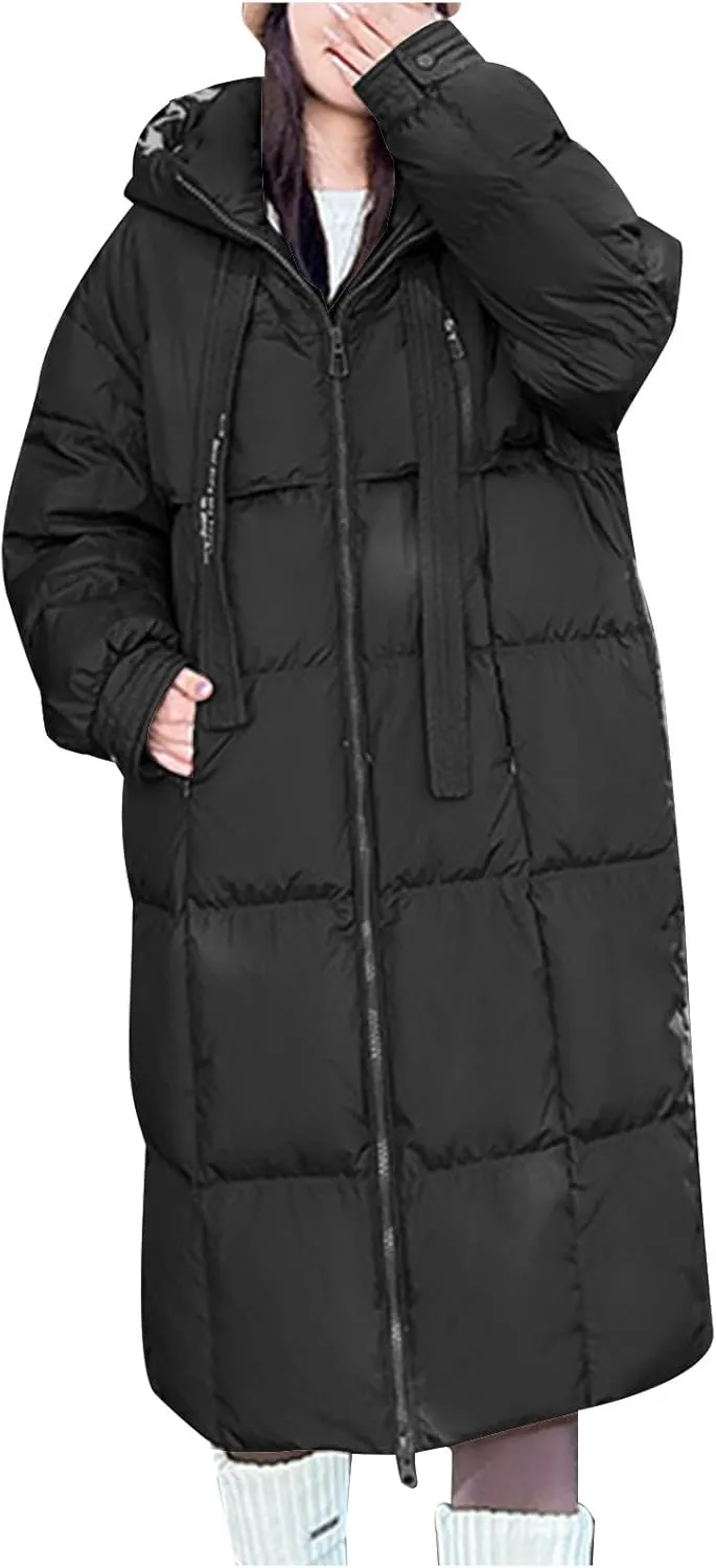 Long Winter Down Coats for Women Warm Zip Up Hooded Puffer Jacket Lightweight Quilted Jackets Outerwear with Pockets