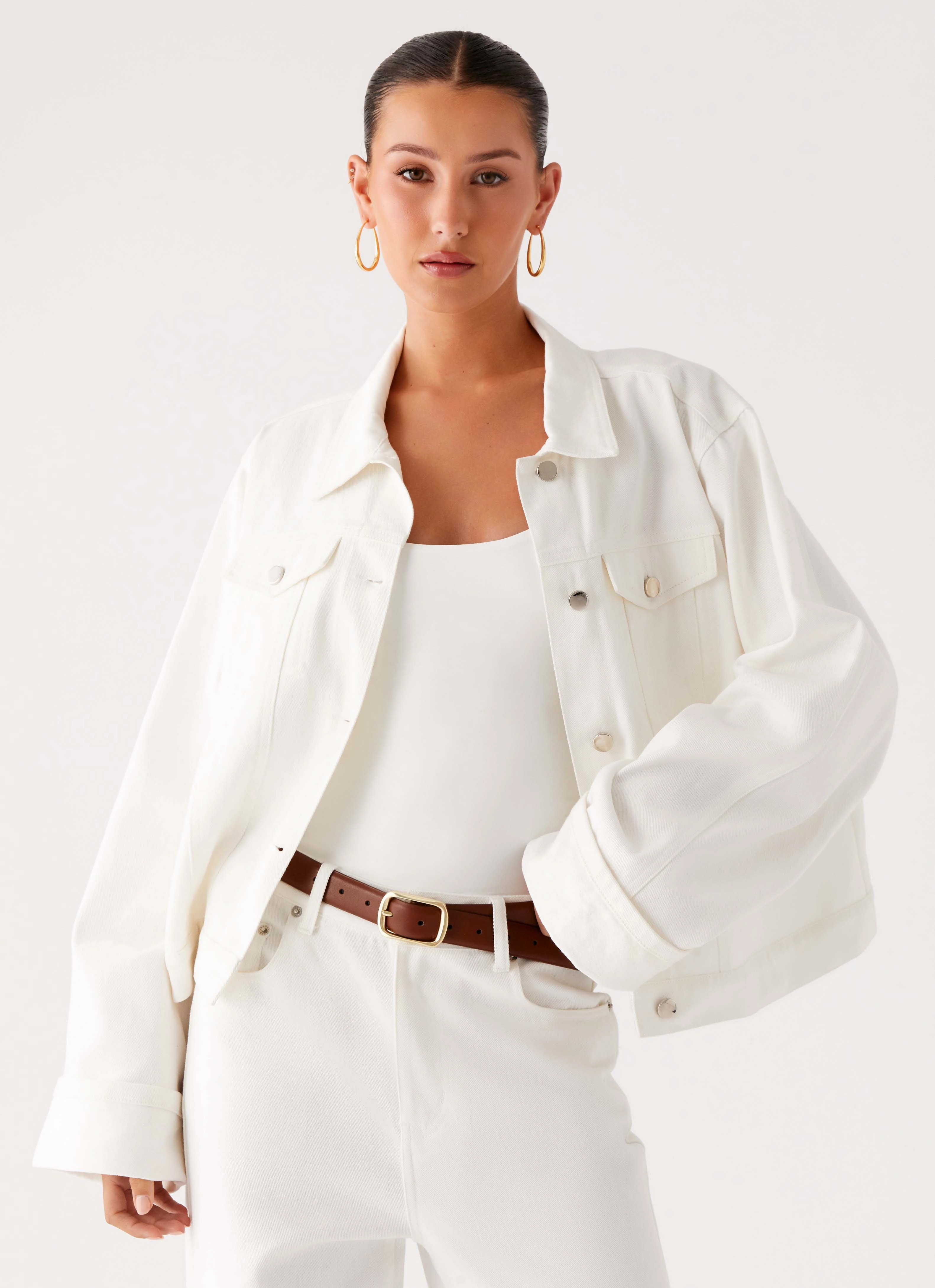 Wrinkle Free Texture Back Again Oversized Denim Jacket - White