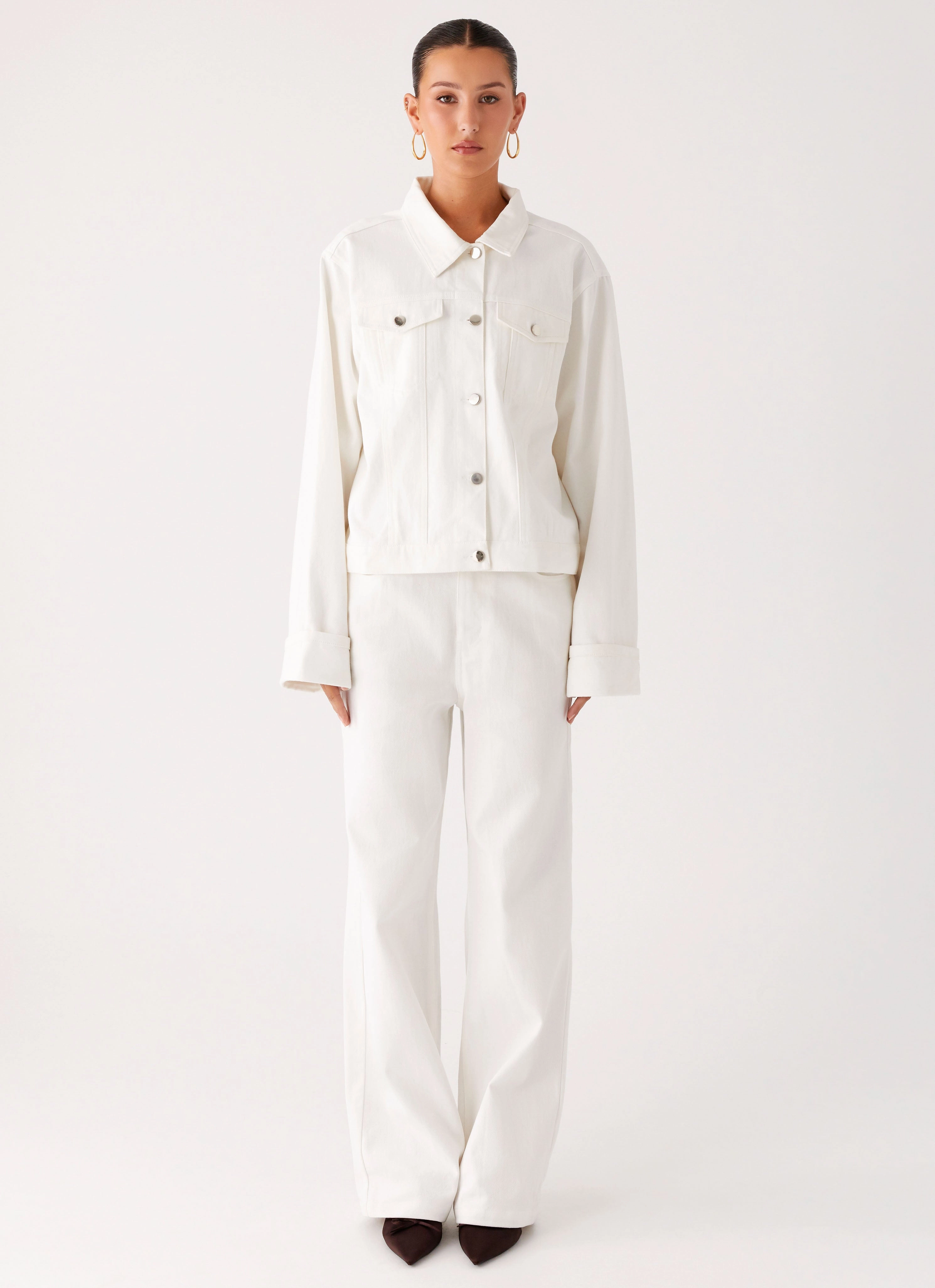 Back Again Oversized Denim Jacket - White Hard Cover