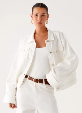Wrinkle Free Texture Back Again Oversized Denim Jacket - White
