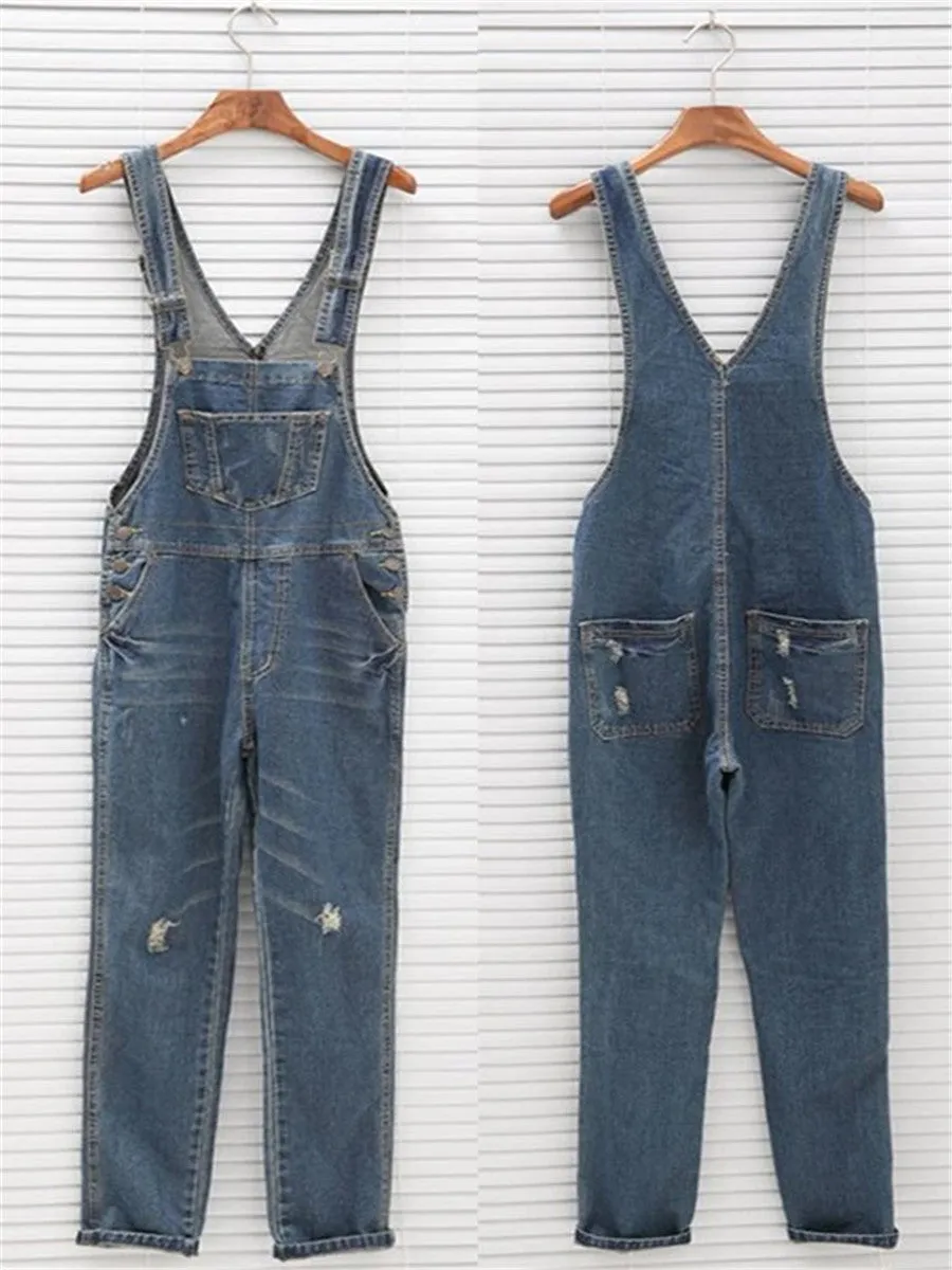 LONGBIDA Denim Jumpsuit Women Ripped Sleeveless Overalls Casual