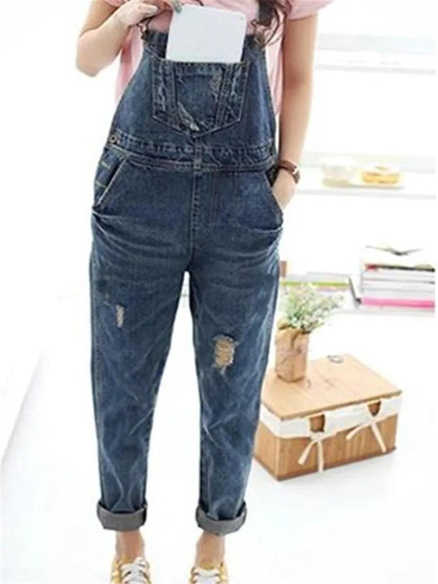 LONGBIDA Denim Jumpsuit Women Ripped Sleeveless Overalls Casual
