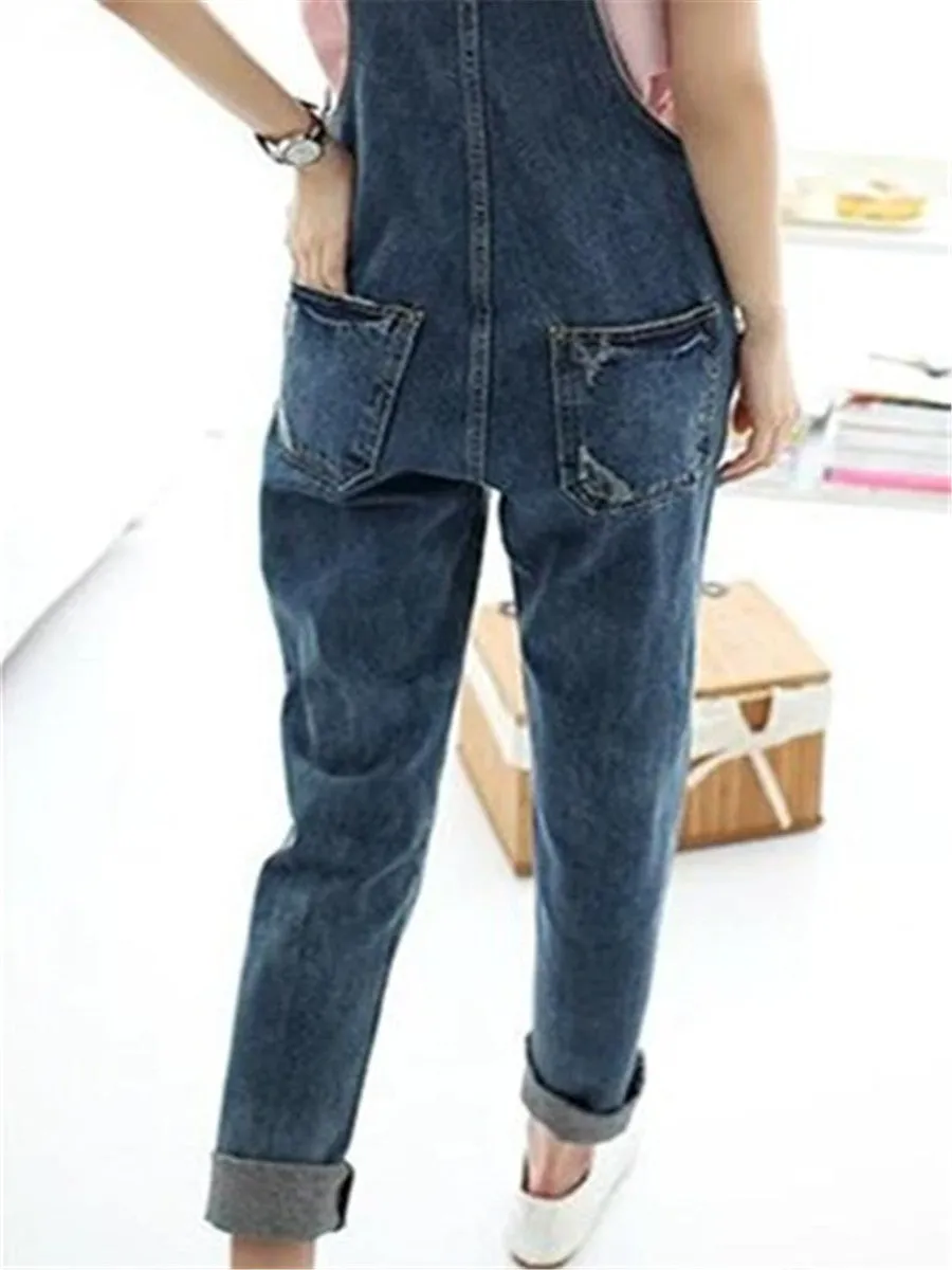 LONGBIDA Denim Jumpsuit Women Ripped Sleeveless Overalls Casual