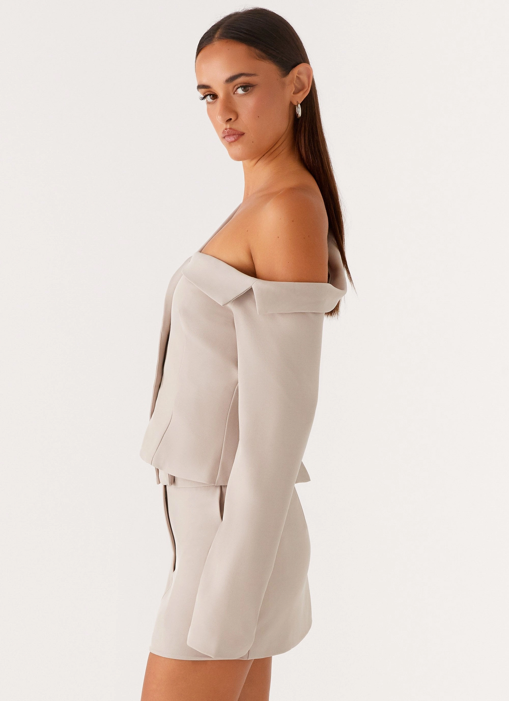 Looking Good Off Shoulder Blazer - Pebble Quick Dry Coating