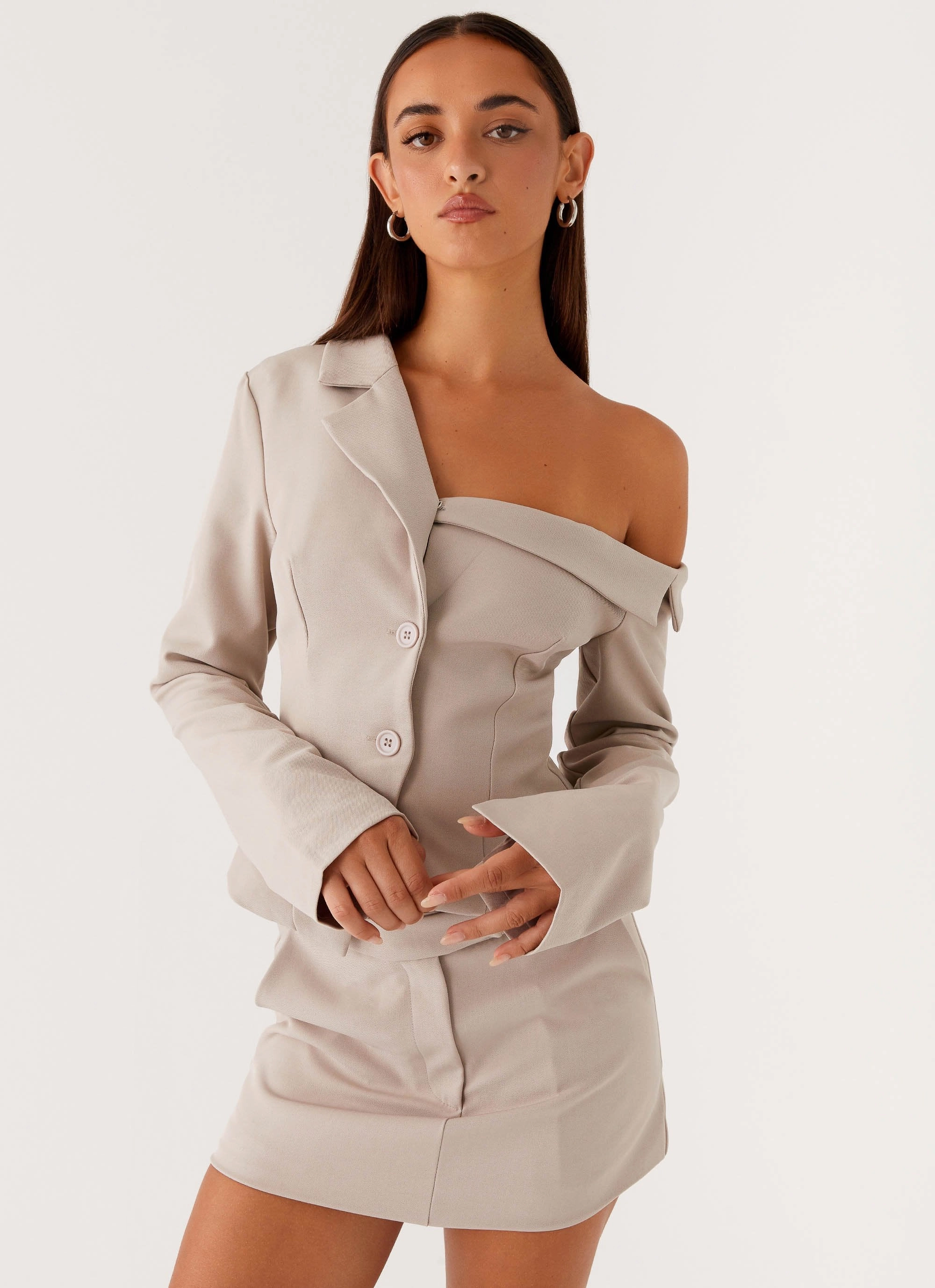 Soft Shell Material Looking Good Off Shoulder Blazer - Pebble