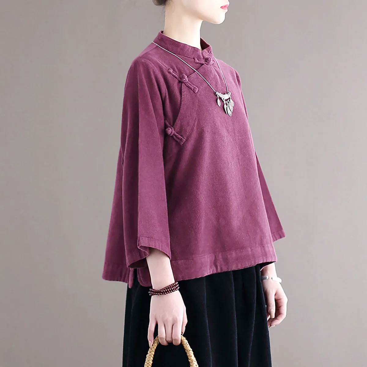 Loose Purple Stand Collar Button Corduroy Shirts Fall ML2297