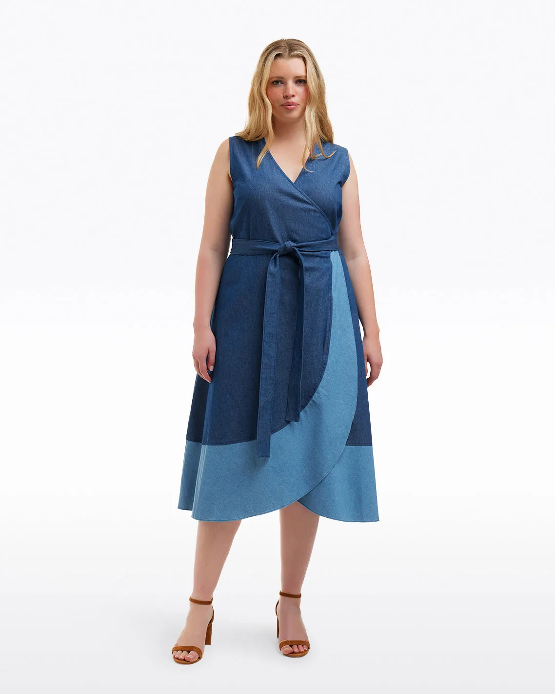 Lorelai Two Tone Sleeveless Wrap Dress in Chambray