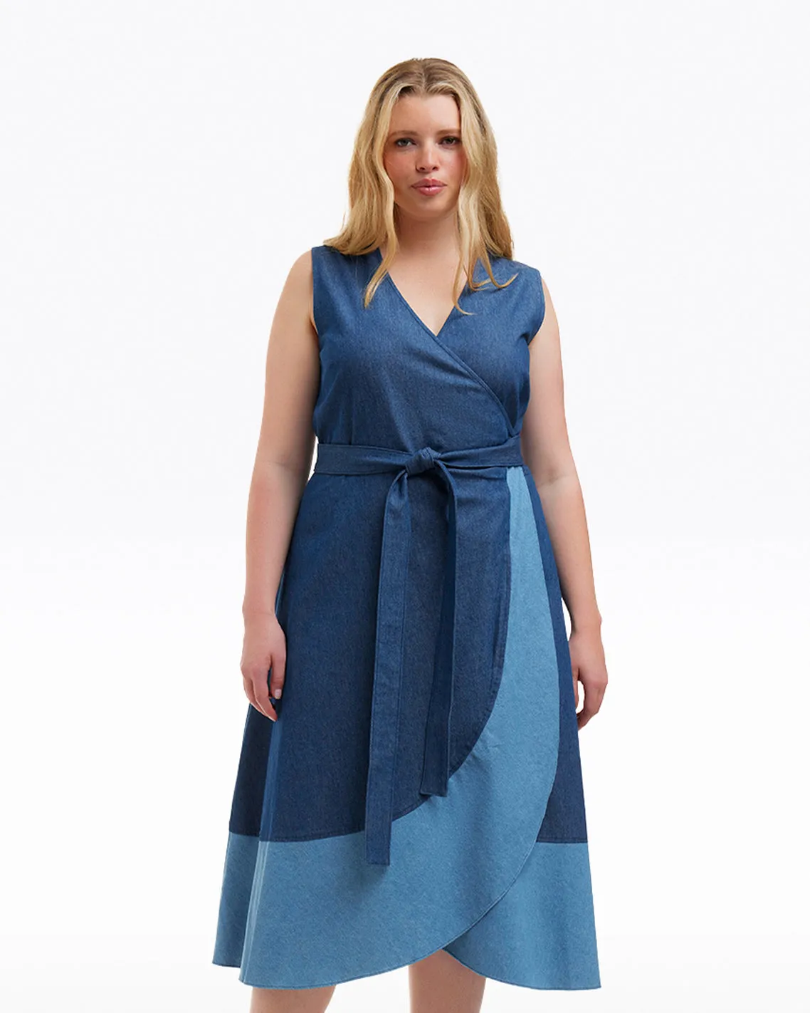 Lorelai Two Tone Sleeveless Wrap Dress in Chambray
