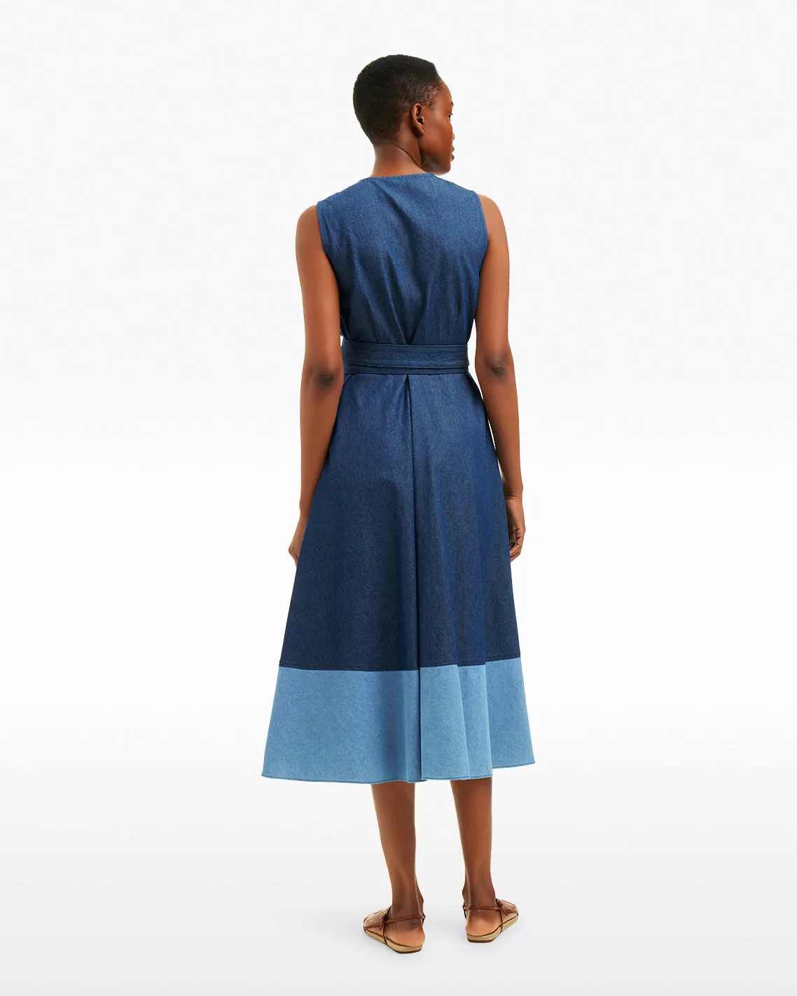 Lorelai Two Tone Sleeveless Wrap Dress in Chambray