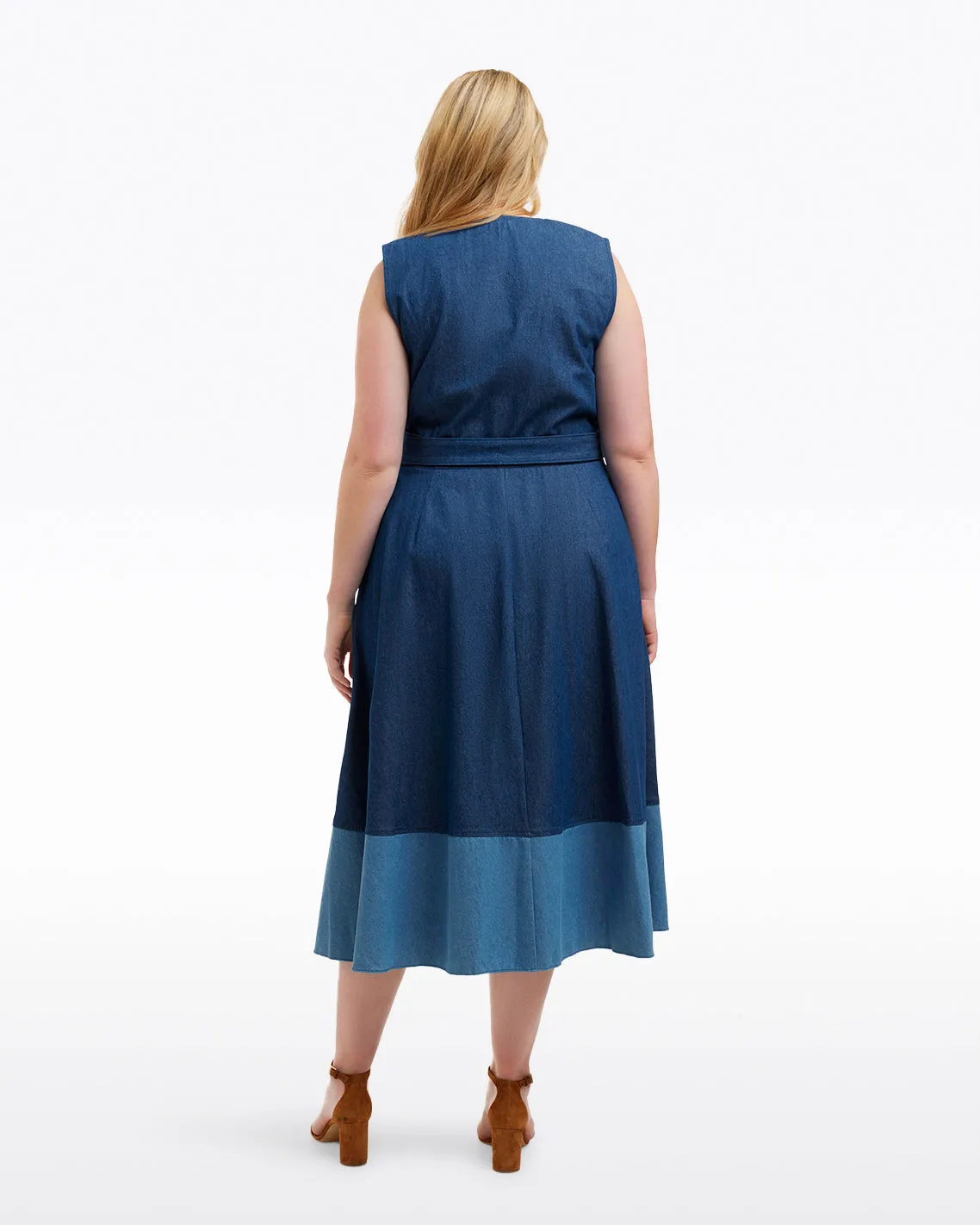 Lorelai Two Tone Sleeveless Wrap Dress in Chambray