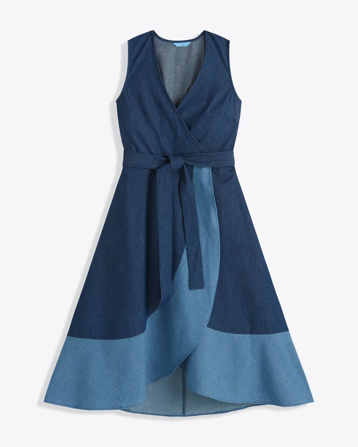 Lorelai Two Tone Sleeveless Wrap Dress in Chambray