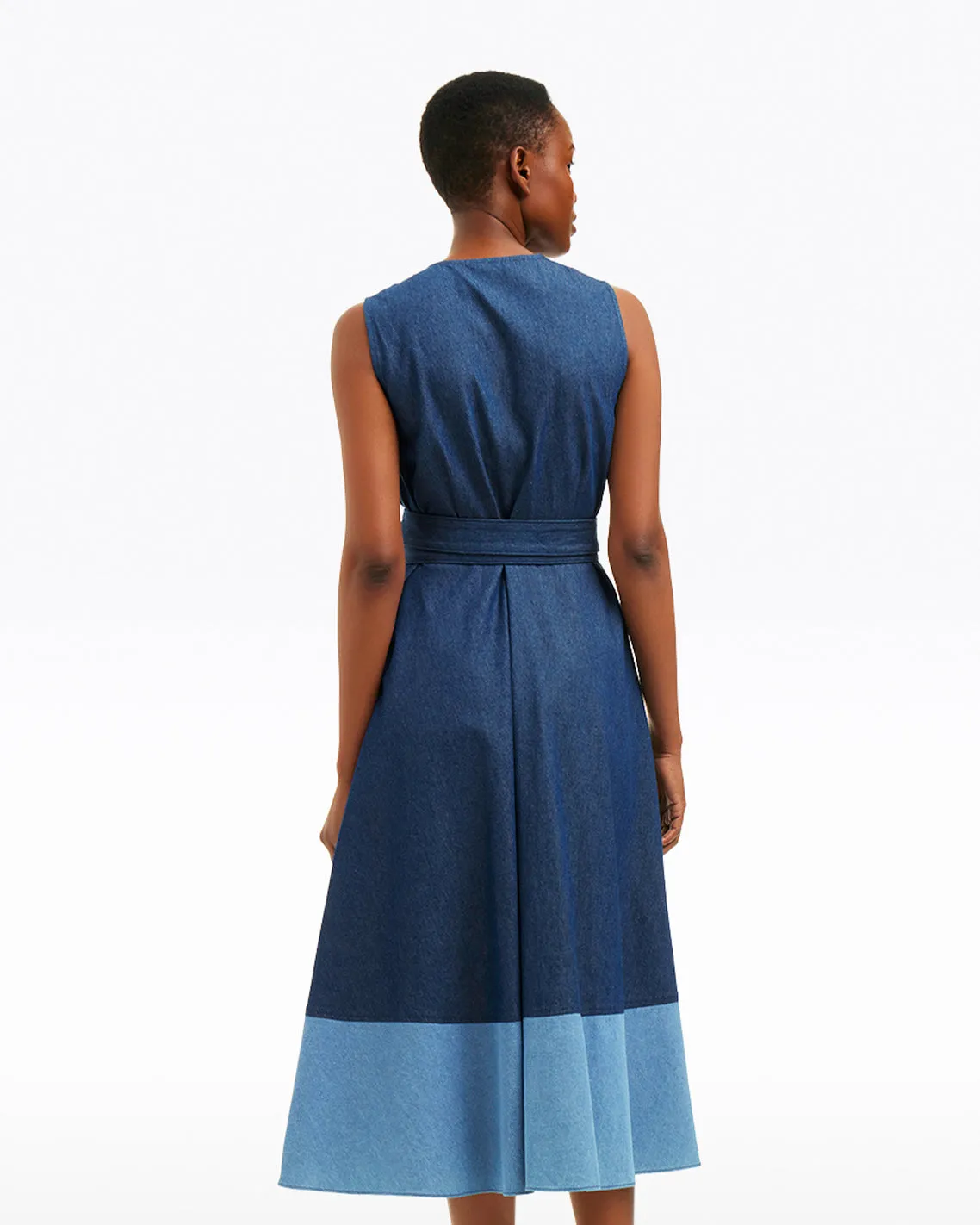 Lorelai Two Tone Sleeveless Wrap Dress in Chambray