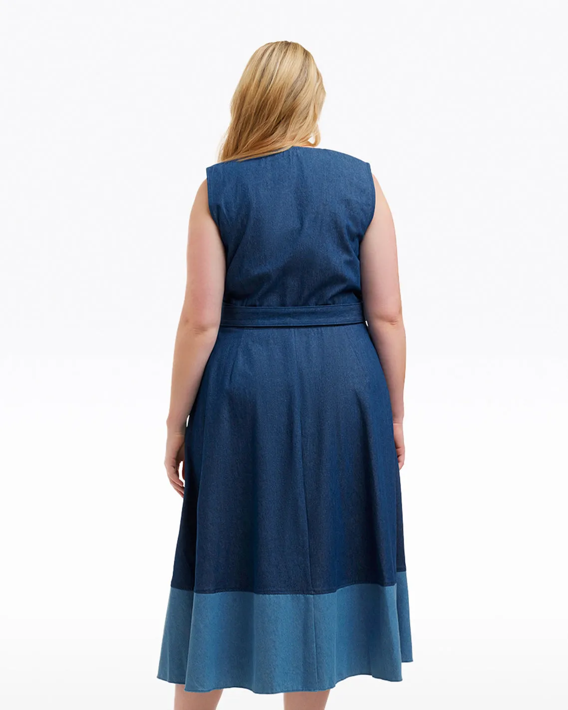 Lorelai Two Tone Sleeveless Wrap Dress in Chambray