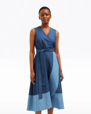 Lorelai Two Tone Sleeveless Wrap Dress in Chambray