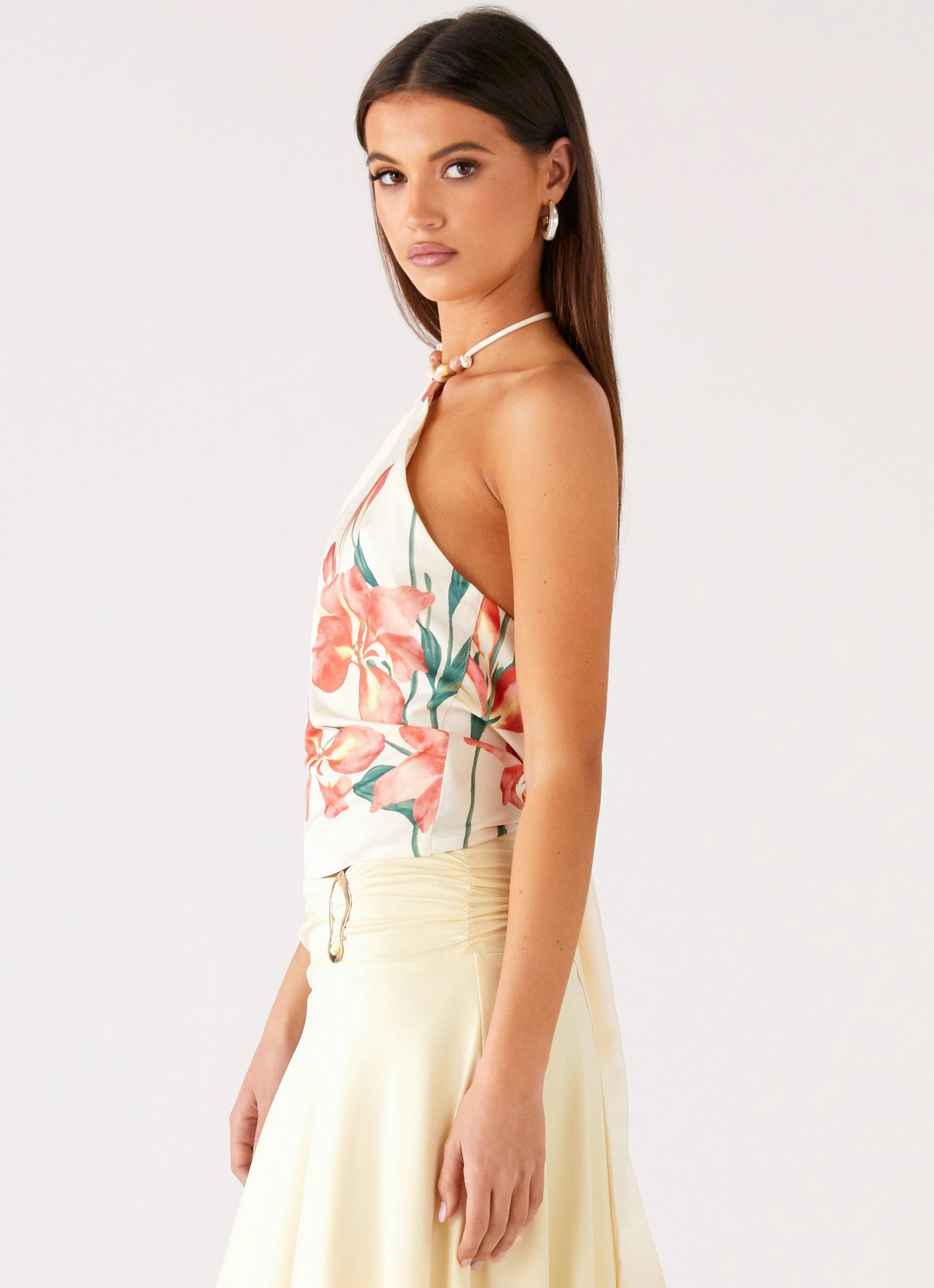 Loreta Beaded Tie Back Top - Siena Floral Hypoallergenic Fiber DoubleLayeredCollar