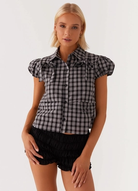 Lightweight pullover Lorraine Puff Sleeve Top - Black White Check