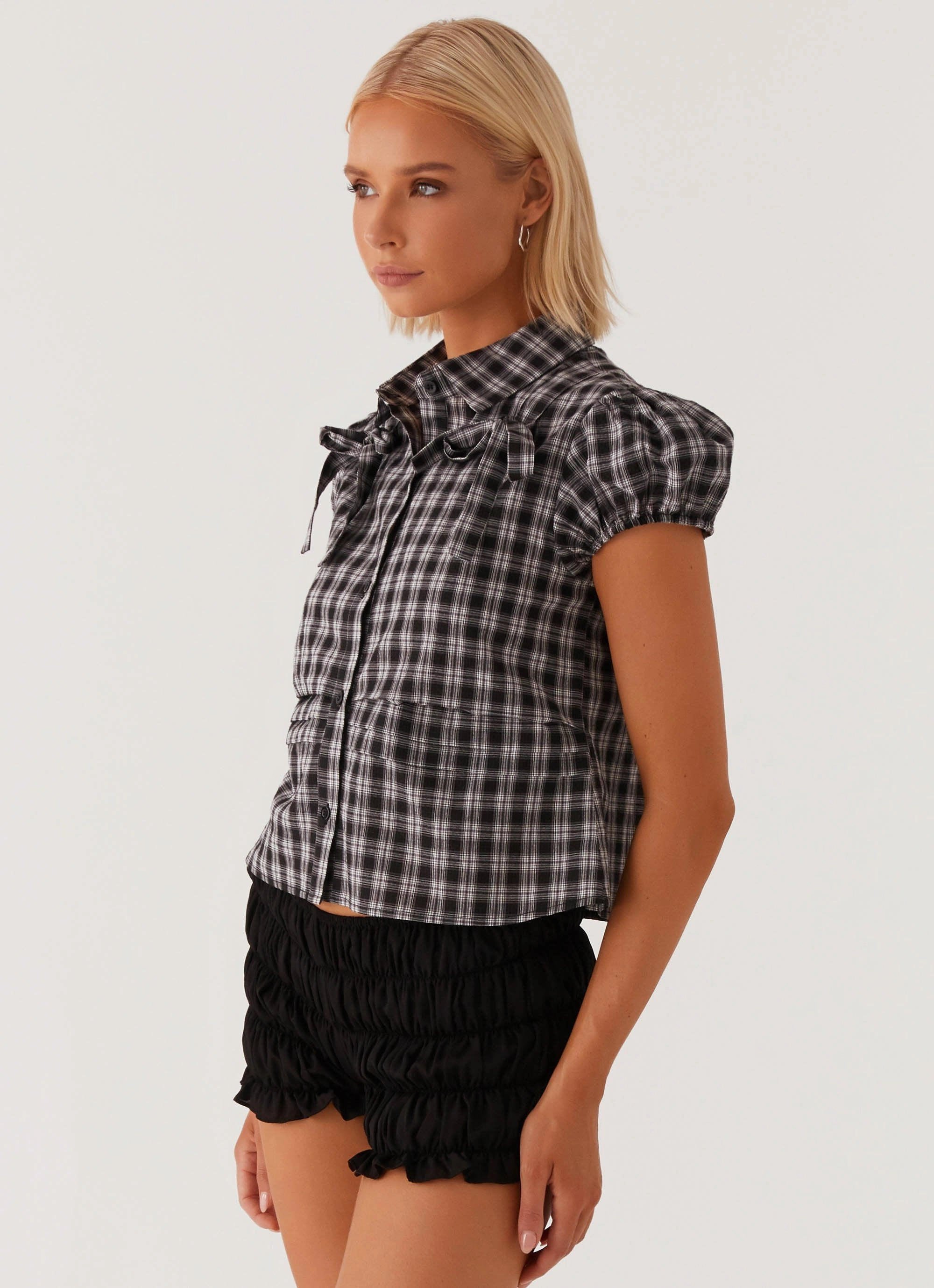 Comfortable Fabric Lorraine Puff Sleeve Top - Black White Check
