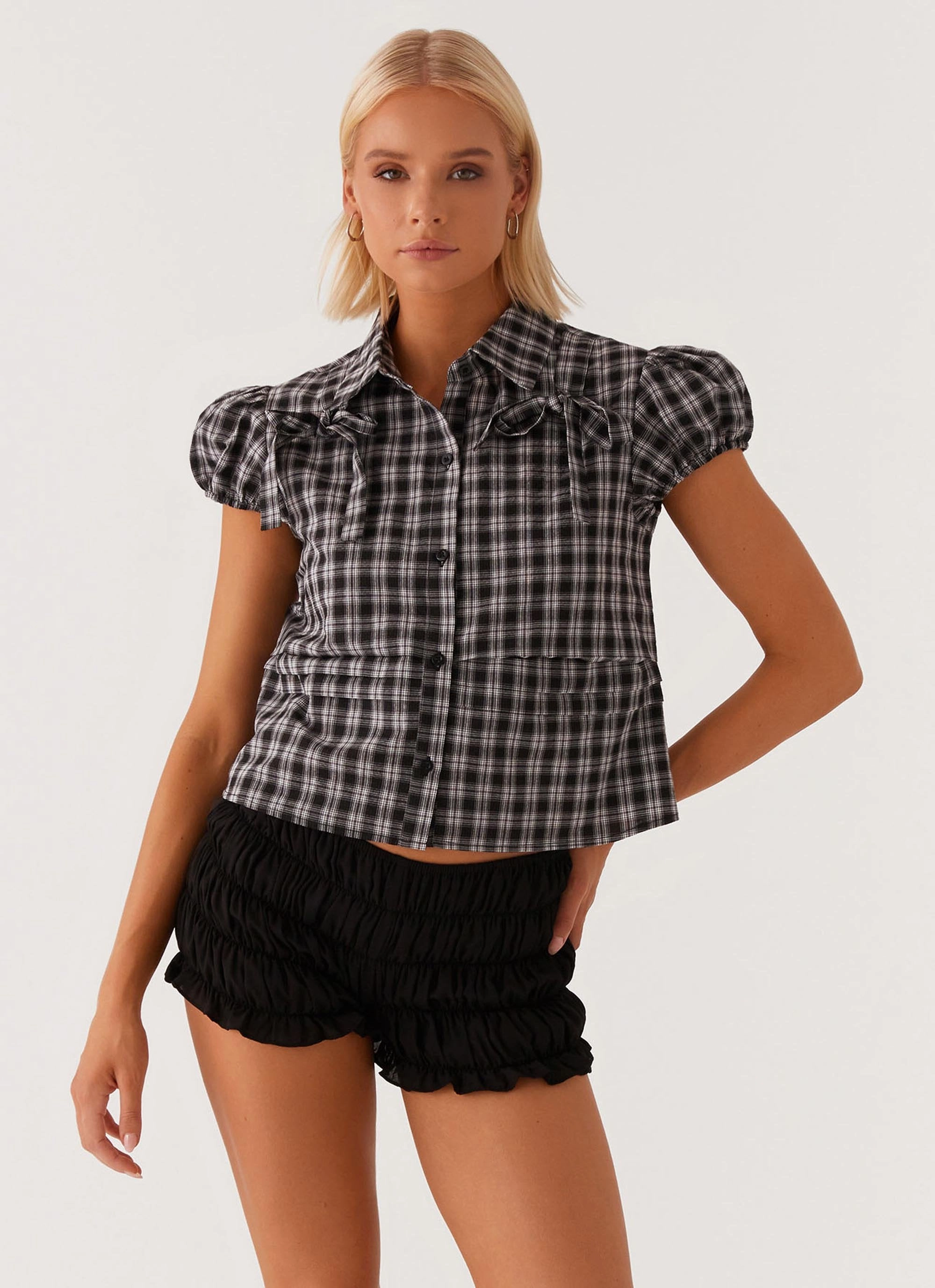 Lorraine Puff Sleeve Top - Black White Check Layered Sleeve All Day Comfort