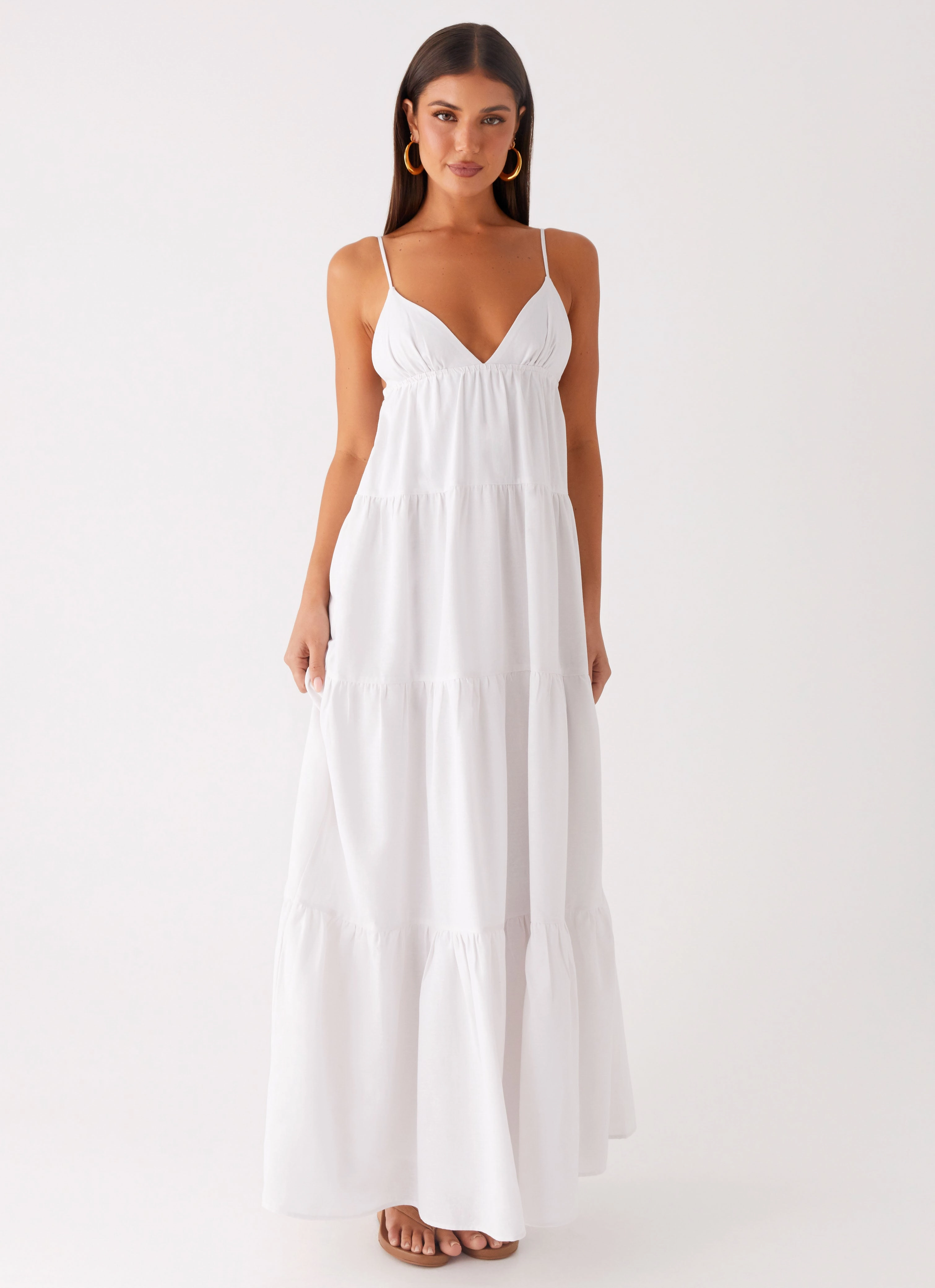 Lotty Linen Maxi Dress - White TemperatureRegulatingFabric Elegant Waist Fit