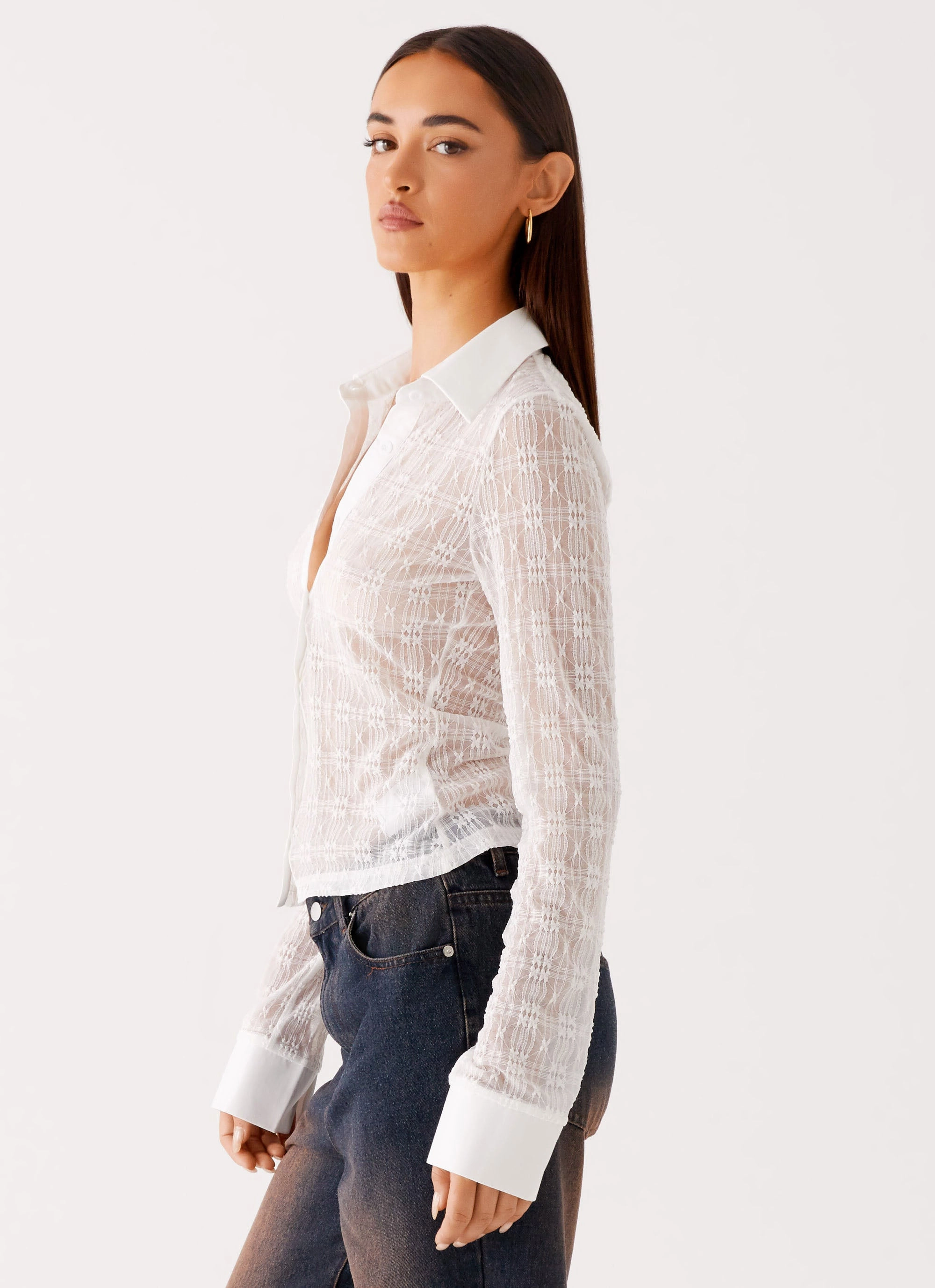 Loui Lace Long Sleeve Top - White Neutral Tone Stitching FoldableFeature