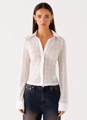 Loui Lace Long Sleeve Top - White SnagFreeKnit Contrast Stitch Detail