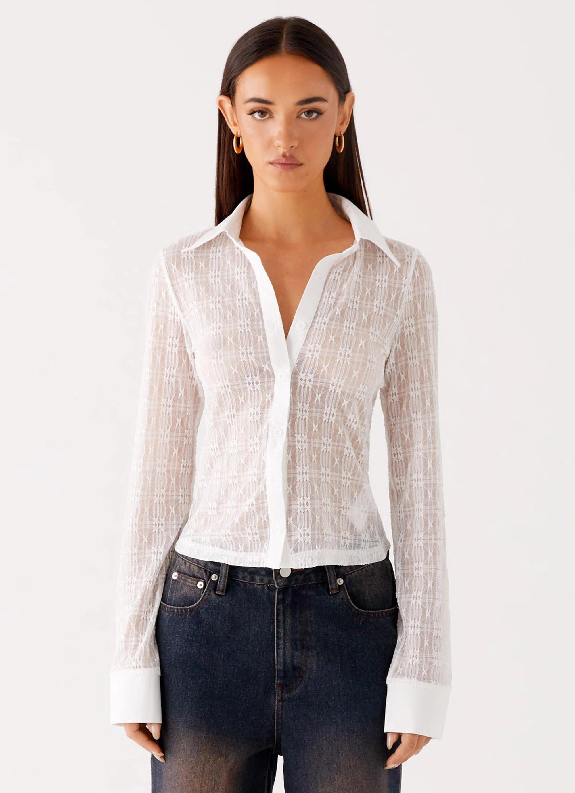 Loui Lace Long Sleeve Top - White SnagFreeKnit Contrast Stitch Detail