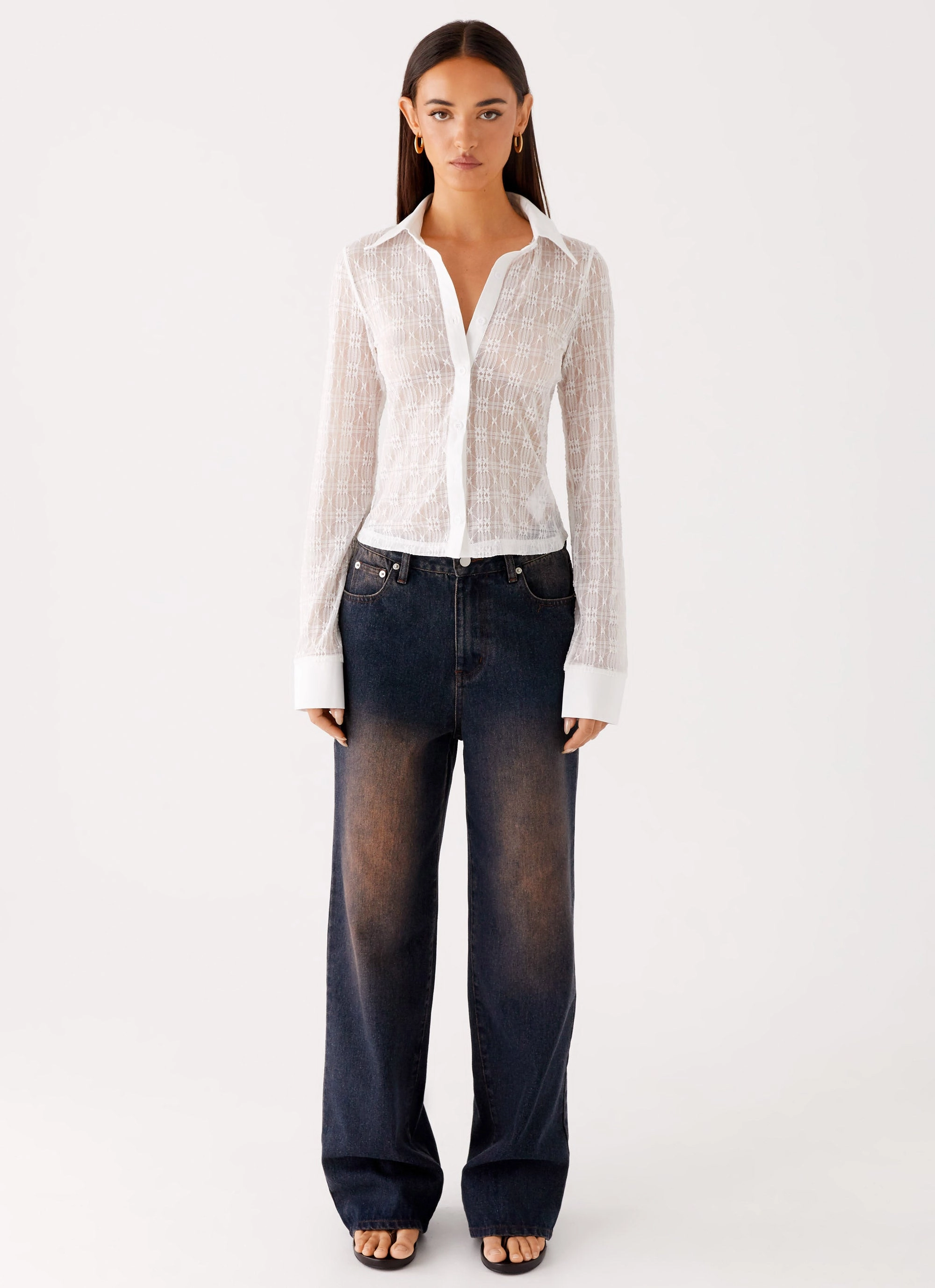 BreathableMeshInsert Loui Lace Long Sleeve Top - White