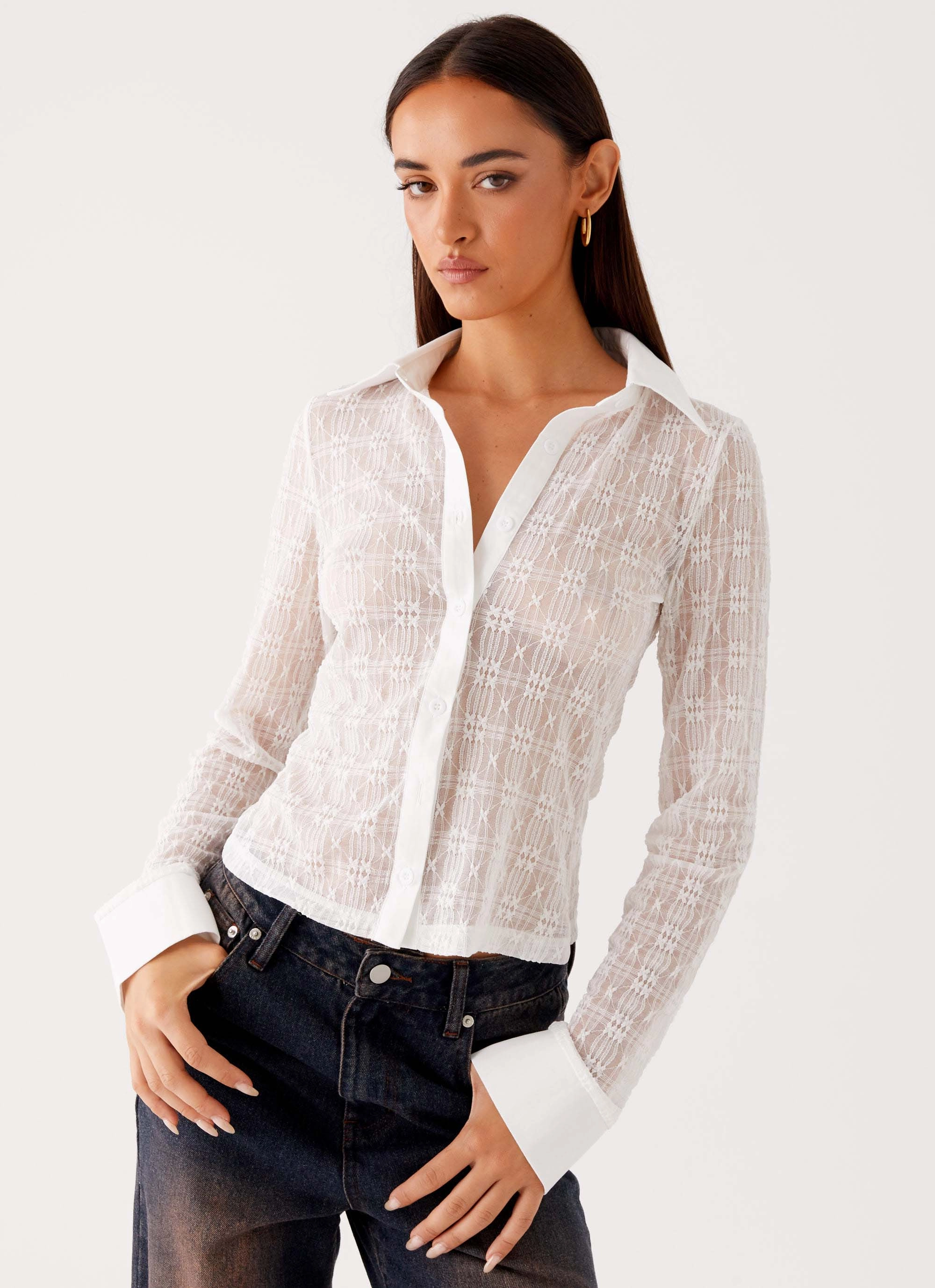 WaterResistant Loui Lace Long Sleeve Top - White