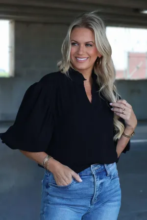 Lovely Blouse- Black Brushed Microfiber Surface Overlock Edging