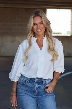 Lovely Blouse- White RelaxedNeckline Flexible Waistband