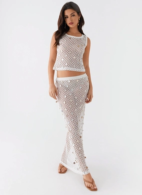 Lovina Shell Knit Maxi Skirt - White Elasticized Cuff